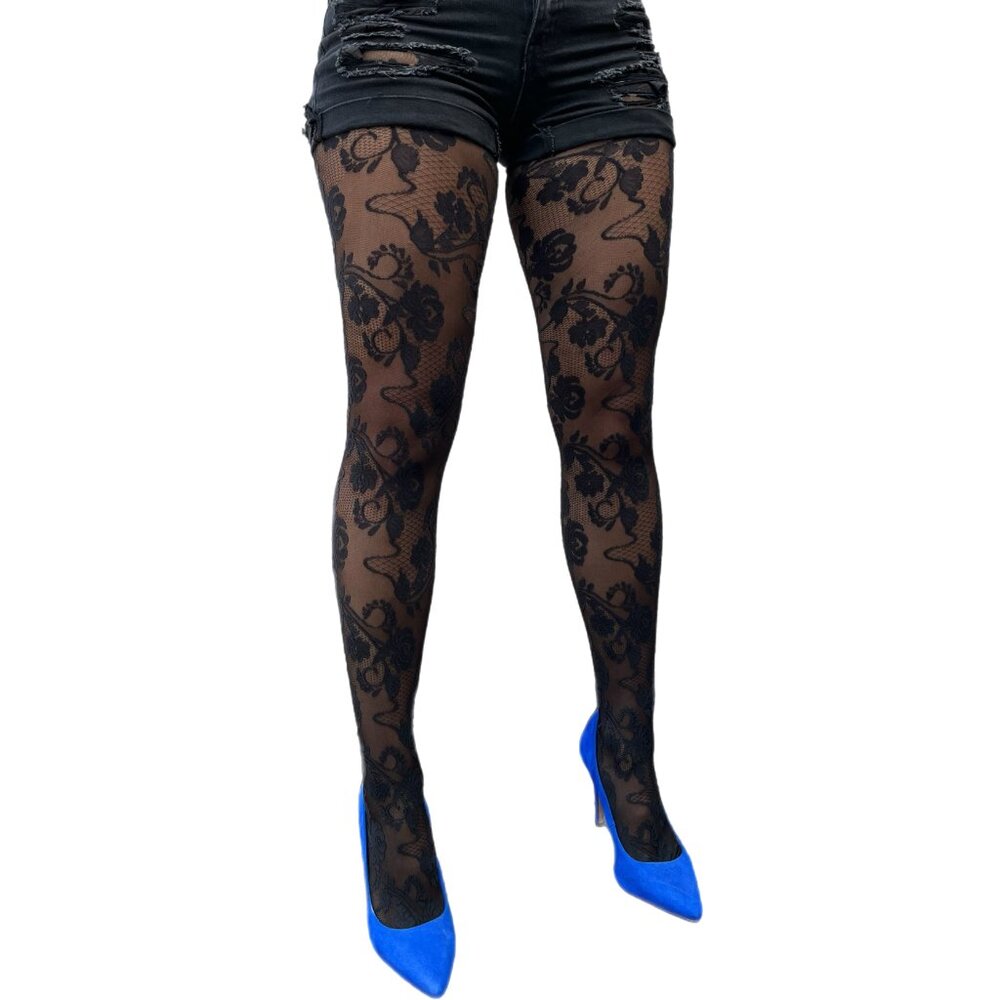 Black Flower Lace Tights For Women, Vintage Floral Pattern